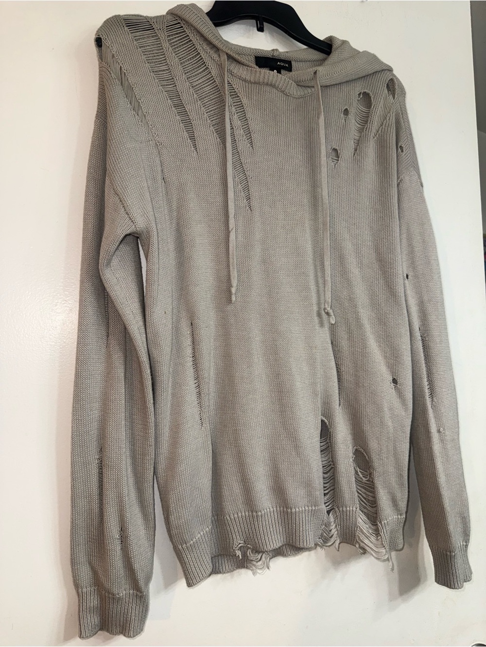 Aqua Distressed Crewneck Hoodie Sweater - Light Gray